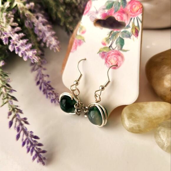Green Natural Jade Stone Earrings, Silver Plated Wire Wrapped Earrings - Picture 12 of 12